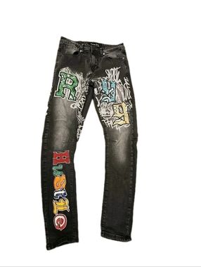 Rue21 Graffiti Jeans Mens 30X32 Skinny Black Arc Supreme Flex Paint Print HipHop